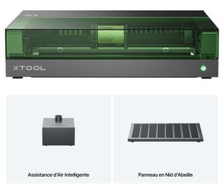 MB-P1030494-Découpeuse-graveuse-laser-xTool-S1-40-W, vue des éléments : découpeuse, pompe à air Air assist et plateau nid d'abeille