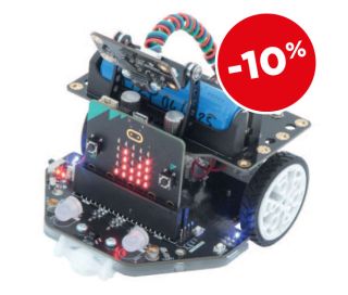 MI-MAQUEEN-P-PACK4, Pack clé en main Robot Maqueen Plus V3, vue principale avec carte BBC micro:bit et batterie lithium 18650