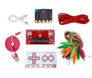 MM-PACK-01_Pack Makey Makey pour activités BBC micro:bit, vue du contenu avec le Makey Makey Classic,  les câbles de connexion et les pinces crocodile, le module Code-a-Key pour micro:bit et la carte BBC micro:bit v2.