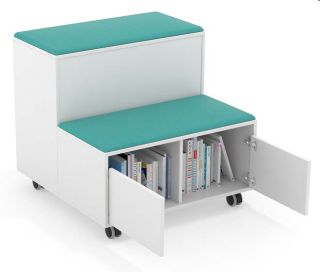 MOB-GRA-1608, Gradin modulaire MOVE avec espace de rangement et assises turquoise, vue principale