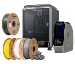 CRE-PACK-LAB-03_Pack Lab-Imprimante 3D Creality K1C, vue principale montrant l'imprimante 3D, le dévidoir chauffant pour secher les filaments et 4 bobines de filament de 1kg  chacune (jaune, blanche, grise et tricolore rouge-vert-bleu) 