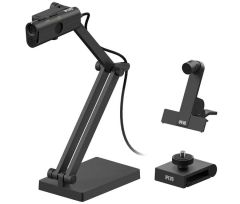 IPE-P2V-PACK, Caméra Ipevo P2V Ultra avec 3 supports de caméra, vue principale montrant les 3 différentes configurations : sur pied, sur pince magnétique et sur pince avec tête filetée