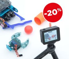 MB-KD-EXP-07, Pack d'accessoires pour mBot2 : vue principale avec la caméra IA 2.0, la pince robotique et les 2 lanceurs de balle (robot joueur de basket et joueur de foot)