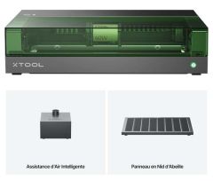 MB-P1030494-Découpeuse-graveuse-laser-xTool-S1-40-W, vue des éléments : découpeuse, pompe à air Air assist et plateau nid d'abeille