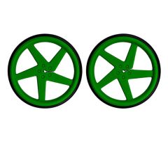 MI-2593-D Roue Kitronik verte pour moteurs à arbre en D, vue avec les pneus montés